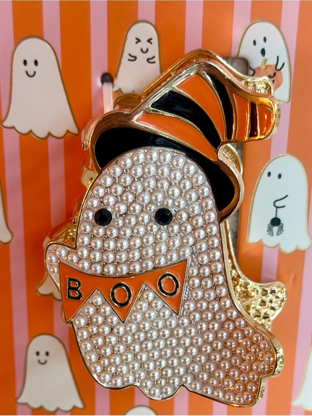 Piper K Ghost Hair Claw Clip Metal Faux Pearl Black Orange Enamel Halloween New